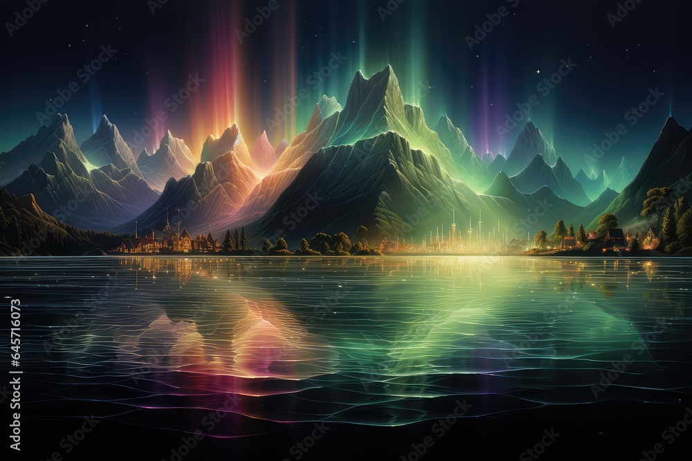 Kolorowe fale dźwiękowe na tafli górskiego jeziora.  widok pola elektromagnetycznego - obrazy, fototapety, plakaty 