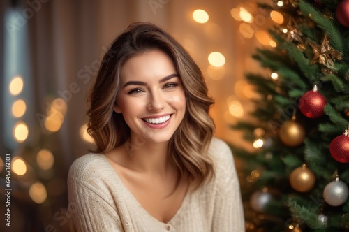 Close up portrait of overjoyed young Caucasian woman have fun laugh and joke enjoying Christmas winter holidays at home. Excited millennial female feel playful positive and joyful, celebrate New Year.