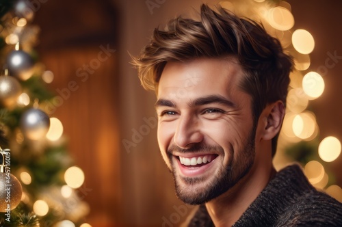 Close up portrait of happy young Caucasian man look at camera celebrate New Year in cozy home. Overjoyed excited millennial male have fun enjoy Christmas winter holidays, greeting or congratulating.