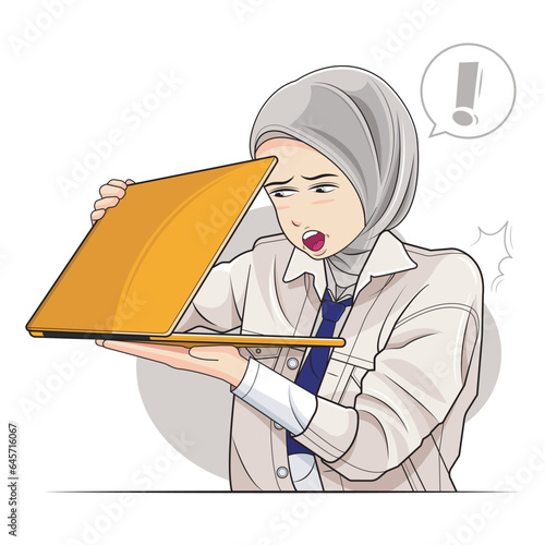 Hijab little kid, school girl. School girl a hijab girl annoyed look furtively at the half-closed laptop screen. Vector illustration