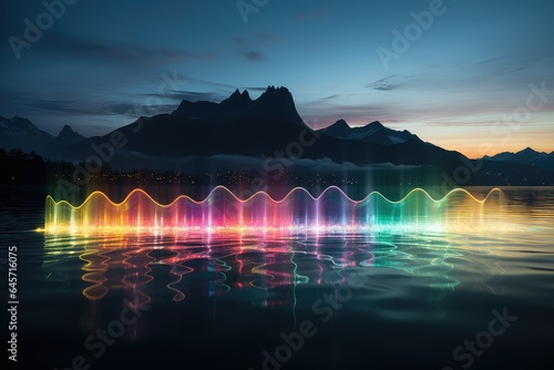 Kolorowe fale dźwiękowe na tafli górskiego jeziora. widok pola elektromagnetycznego