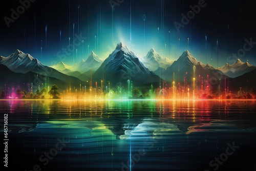 Kolorowe fale dźwiękowe na tafli górskiego jeziora. widok pola elektromagnetycznego