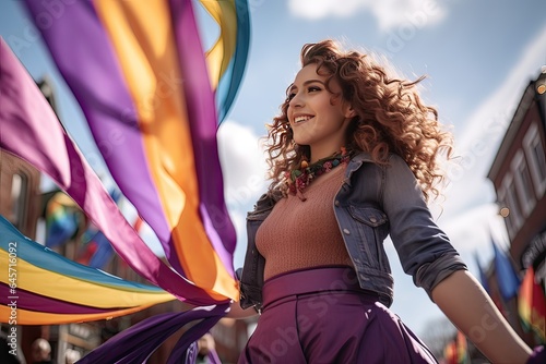 close-up photo of a young woman with curly brown hair looking at the horizon at pride defending lgtbiq+ rights. photo