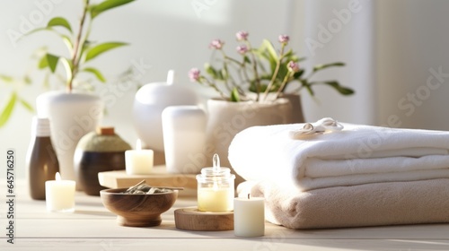 Herbal bags and beauty treatment items setting in spa on white wooden table. AI Generated.