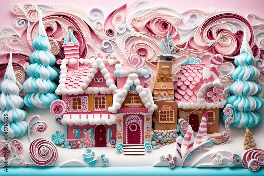 Fototapeta premium 3D Paper Quilling of some Christmas Decors. Beautiful House Decorated.