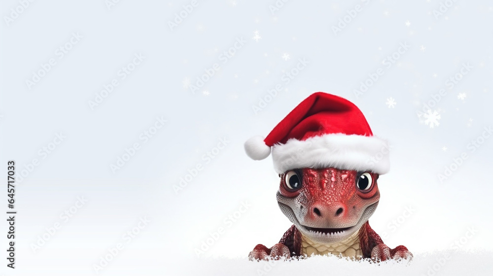 Cute dragon dressed in Santa Claus hat on white background, space for text, generative AI Cute dragon dressed in Santa Claus hat on white background, space for text, generative AI