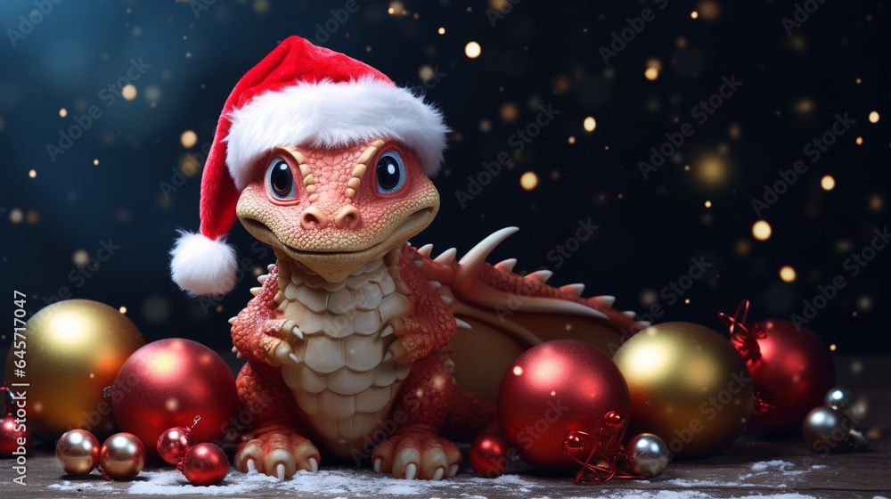 Cute dragon dressed in Santa Claus hat with christmas baubles Happy New Year. Space for text, generative AI Cute dragon dressed in Santa Claus hat with christmas baubles Happy New Year. Space for text, generative AI