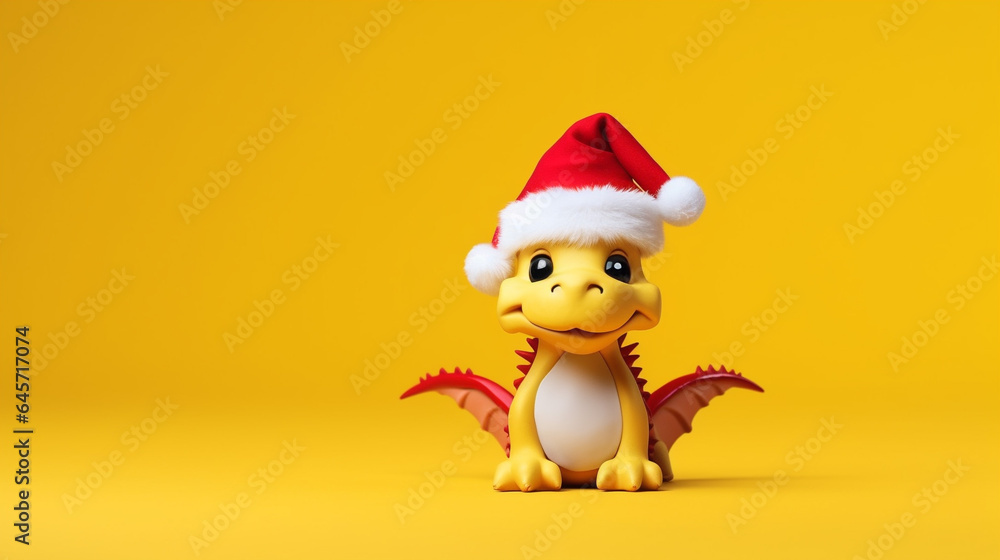 Cute dragon dressed in Santa Claus hat, on yellow background, space for text, generative AI