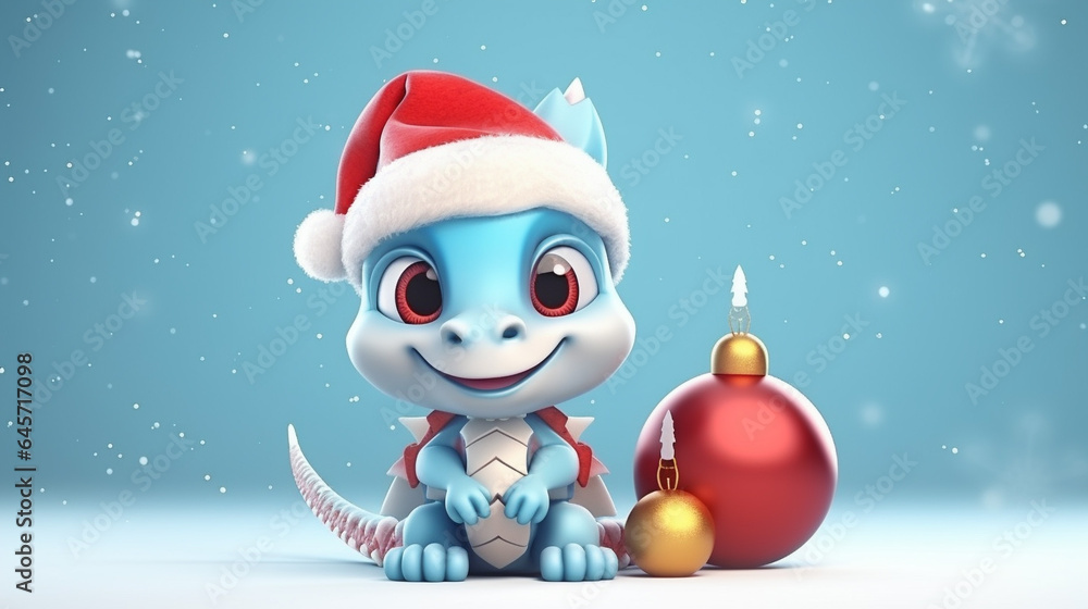 Cute dragon dressed in Santa Claus hat with christmas baubles Happy New Year. Space for text, generative AI Cute dragon dressed in Santa Claus hat with christmas baubles Happy New Year. Space for text, generative AI