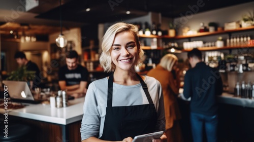 Portrait of beautiful barista standing at coffee shop  Small business concept. AI Generated.