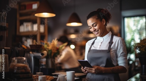 Portrait of beautiful barista standing at coffee shop, Small business concept. AI Generated.