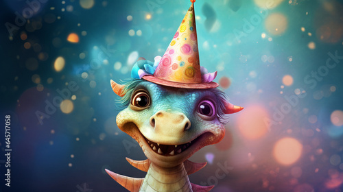 Cute dragon with birthday hat on background, copy space, generative AI