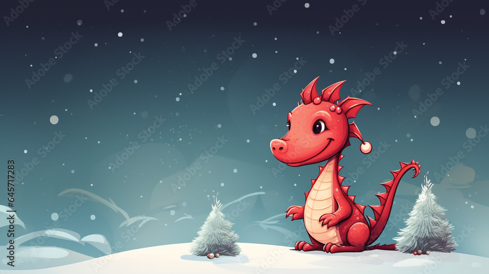 Cute red dragon with christmas tree, space for text, Merry christmas card. Winter holiday theme. Happy New Year, generative AI Cute red dragon with christmas tree, space for text, Merry christmas card. Winter holiday theme. Happy New Year, generative AI