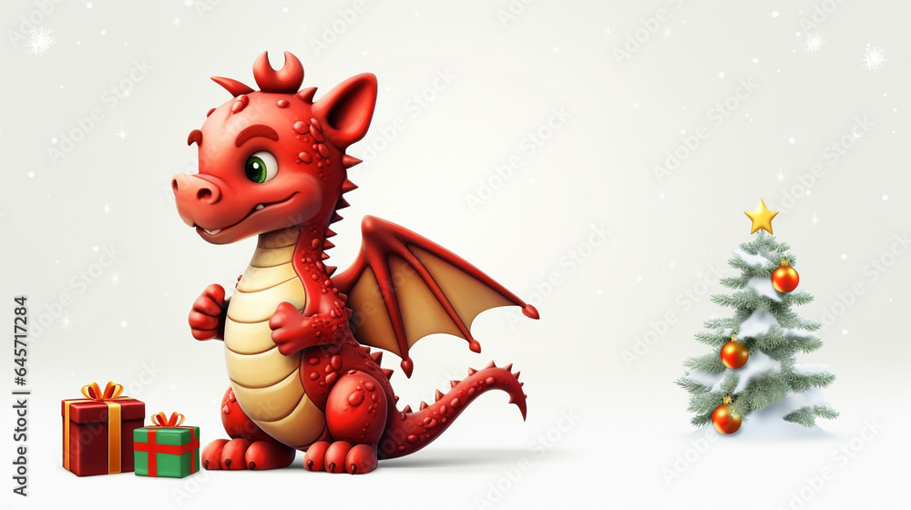 Cute red dragon with christmas tree on white background, space for text, generative AI Cute red dragon with christmas tree on white background, space for text, generative AI