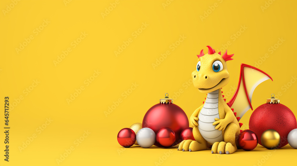 Obraz premium Cute dragon with christmas baubles on yellow background, space for text, generative AI