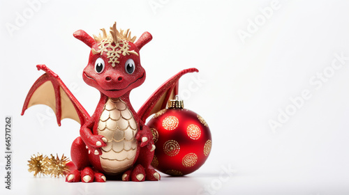 Cute dragon with christmas baubles on white background, space for text, generative AI