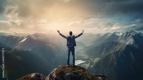 Manager business man celebrating on mountain top. Success business concept. AI Generated.