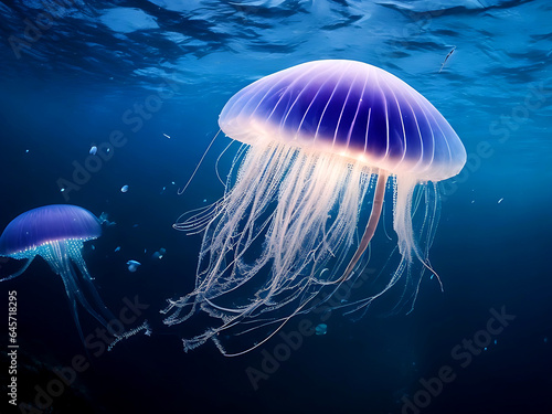 Magical glowing Jellyfish in deep sea ,