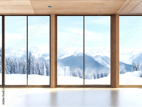 Modern style empty room with winter view. There are wood floor, gray wall, The room has large windows. Looking out to see the view of mountain and snow. 3d Rendering