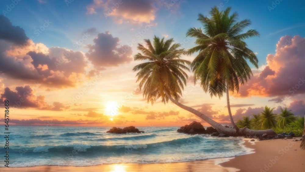 beautiful outdoor nature with sky and sunset or sunrise around coconut palm tree.