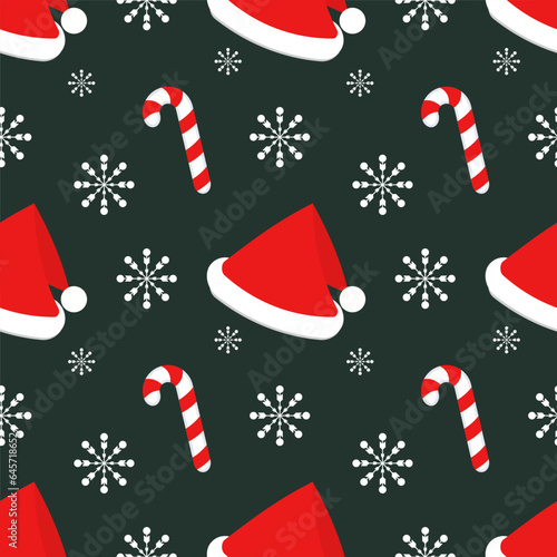 Merry Christmas and Happy New Year seamless pattern.Vector illustration of Santa Claus hat, candy cane, snowflakes.