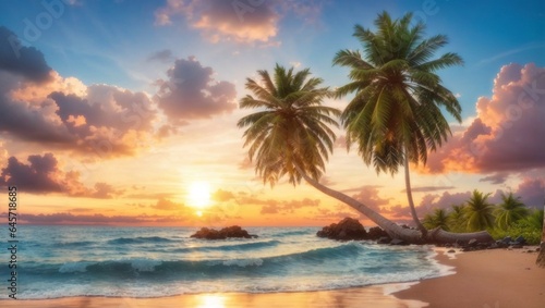 beautiful outdoor nature with sky and sunset or sunrise around coconut palm tree.