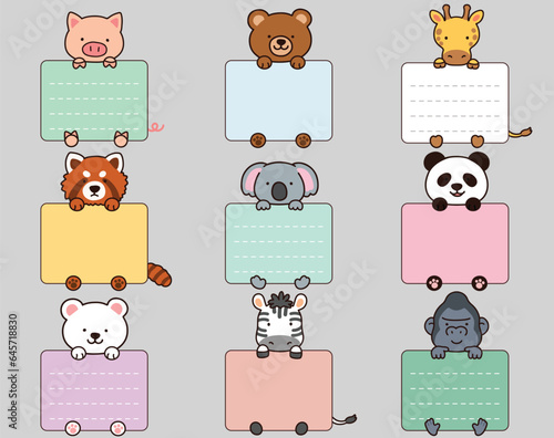 Fototapeta Naklejka Na Ścianę i Meble -  Set of outlined cute and simple animals holding a rectangle note cards with hind legs