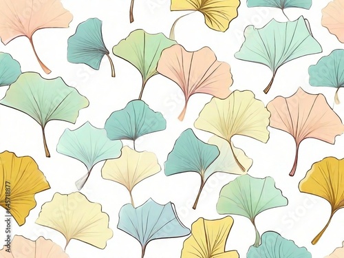 Hand drawn water color ginkgo leaf all over seamless repeat pattern in pastel colors.