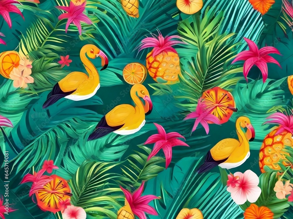 Vector seamless pattern Colorful egret leaves and tropical flowers on green background.