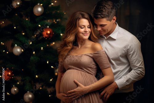 Christmas Expectations: A Couple Anticipating Parenthood, Posing with a Christmas Tree in the Background as They Await the Arrival of Their Baby.
