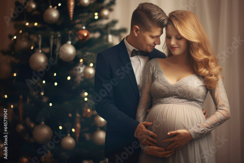 Christmas Expectations: A Couple Anticipating Parenthood, Posing with a Christmas Tree in the Background as They Await the Arrival of Their Baby.