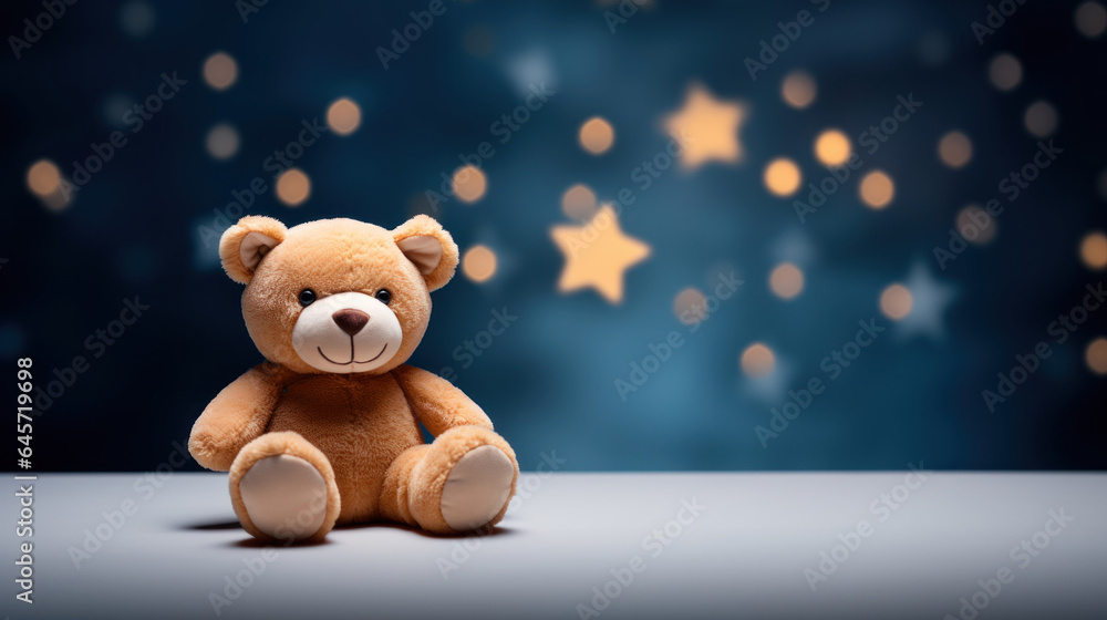 Brown bear peluche on dark blue background with golden stars Brown bear peluche on dark blue background with golden stars