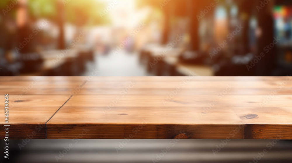 Wooden board empty table in front of blurred coffee shop background Wooden board empty table in front of blurred coffee shop background
