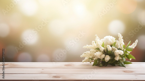Wooden table top with blur background of wedding garden