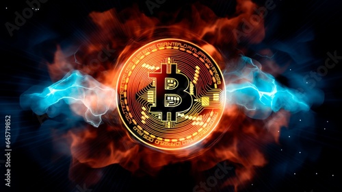 Golden bitcoin coin in fire flame  and lightning. Bitcoin Gold blockchain hard fork concept. Cryptocurrency symbol