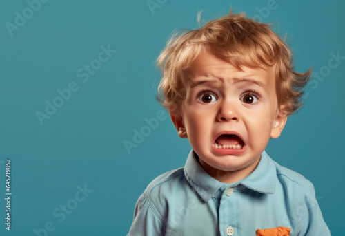 Surprised 3-year-old boy on pale blue background.