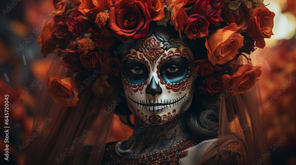 Día de Muertos. A woman with a painted skeleton face. La Calavera. Horror. Halloween. Creepy. Scary. Ominous. Shallow depth of field. Looking at the camera. Wearing a hat. Sugar skull. Día de Muertos. A woman with a painted skeleton face. La Calavera. Horror. Halloween. Creepy. Scary. Ominous. Shallow depth of field. Looking at the camera. Wearing a hat. Sugar skull.