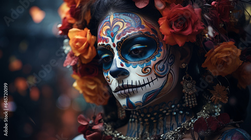 Día de Muertos. A woman with a painted skeleton face. La Calavera. Horror. Halloween. Creepy. Scary. Ominous. Shallow depth of field. Not looking at the camera. Wearing a hat. Sugar skull. Flowers
