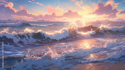 A breathtaking sunrise over a calm ocean, with waves gently lapping against the shore manga cartoon style