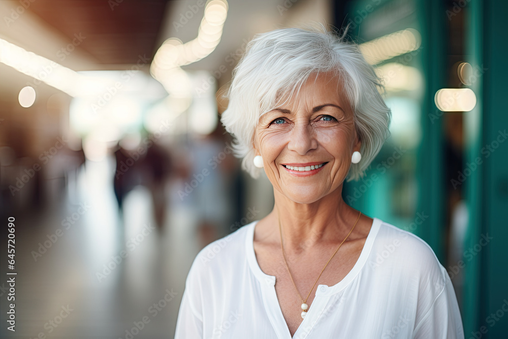 Φωτογραφία A smiling European senior good-looking woman with Gray hair, round white earring