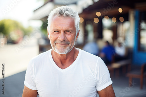 A satisfied smiling gray-haired European good-looking senior man in a white blank t-shirt standing on a blurred street background. Close up. Mock-up for design. Blank template.