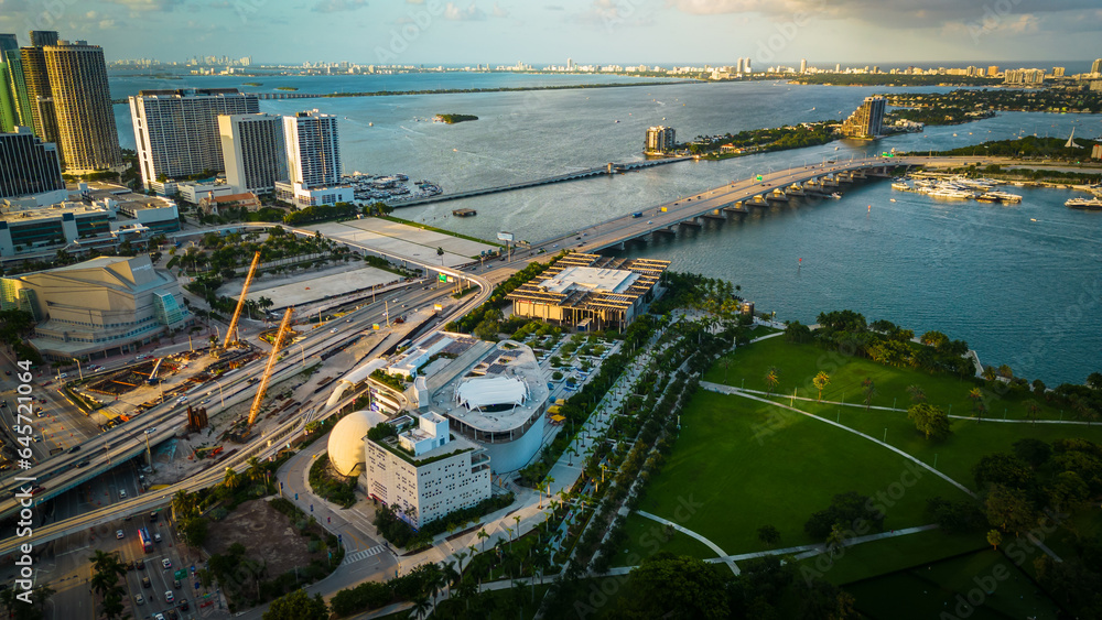 Miami Downtown beach aerial view of kaseya center main avenue highway bridge ocean drive traffic road drone 