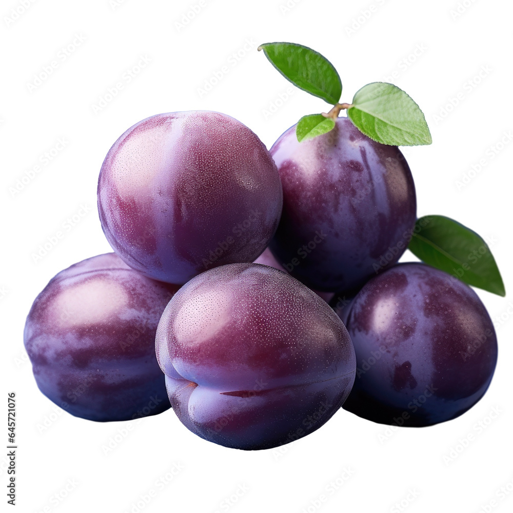 Purple plums fresh and contrasting against the transparent background