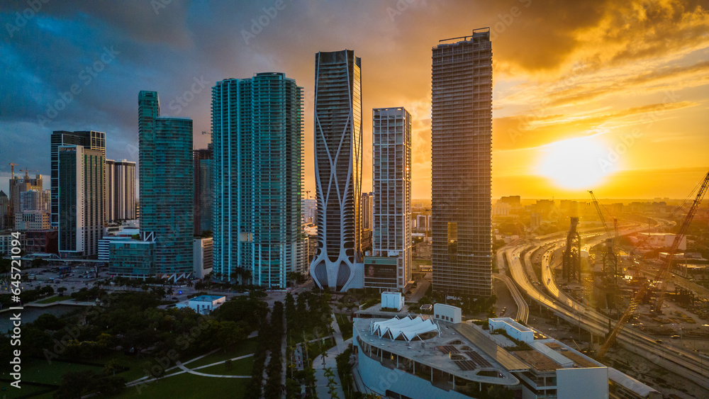 Fototapeta premium Miami Downtown Aerial drone skyline cityscape at sunset 