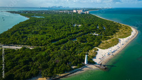 aerial high angle of  Cape Florida Llighthouse  south end of Key Biscayne in Miami Dade County  Florida USA