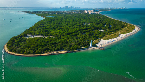 Aerial high angle establish of cape florida lighthouse Miami 