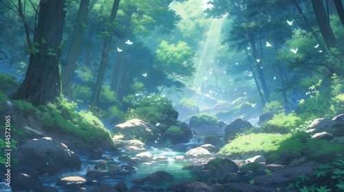 A mystical forest with towering trees, hidden waterfalls, and magical creatures roaming about manga cartoon style © Tina