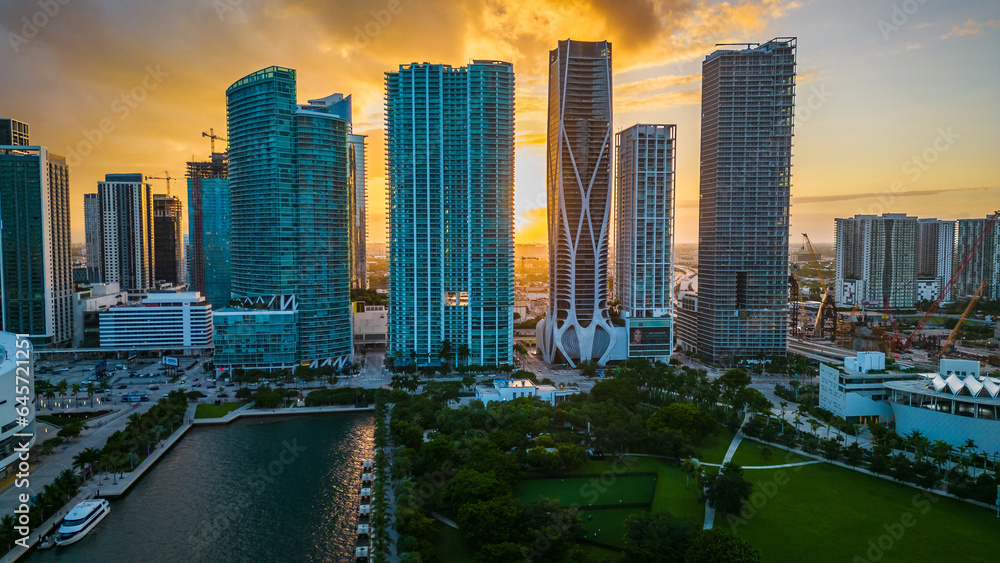 Fototapeta premium Vibrant Sunset Skyline, Aerial Drone Above Miami Downtown Skyscrapers Aerial Panoramic Modern City Architecture