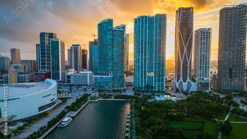 Miami downtown Florida Aerial drone cityscape skyline at sunset  Bayfront park  © Michele
