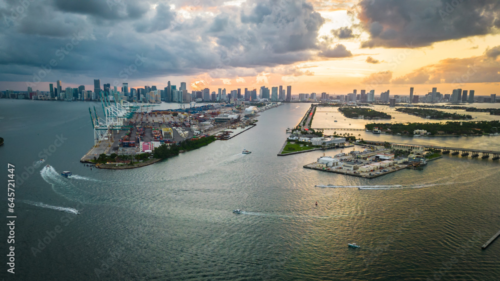 aerial view of Miami skyline at sunset Miami downtown and port south beach 